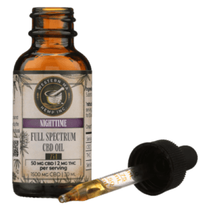 An opened bottle of Western MA Hemp's Nighttime CBD Sleep Tincture with a dropper full of oil next to it.