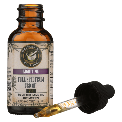 An opened bottle of Western MA Hemp's Nighttime CBD Sleep Tincture with a dropper full of oil next to it.