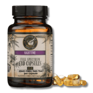 Bottle of Western MA Hemp's Nighttime CBD Sleep Capsules with a pile of capsules next to it.