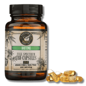 Bottle of Western MA Hemp's Daytime CBD Capsules for Pain & Anxiety.
