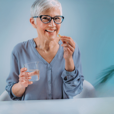 Mature woman taking her Daytime CBD Capsules for Pain & Anxiety.