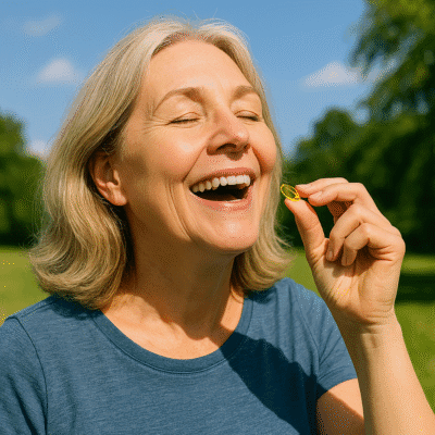 Mature woman taking a full spectrum CBD capsules.