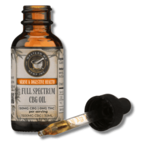 Open bottle of Full Spectrum CBG Oil showing the oil in the dropper.