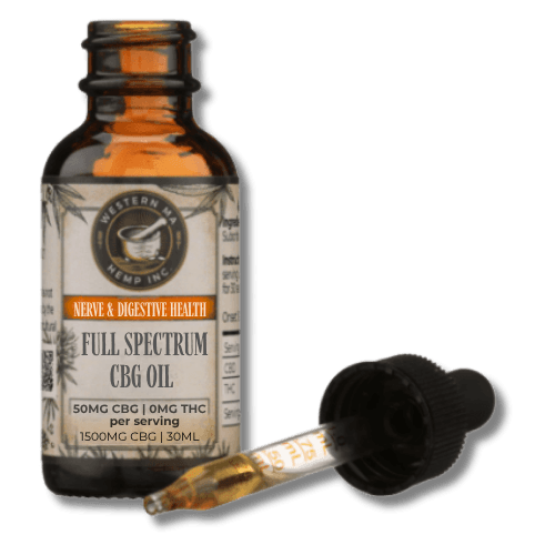 Open bottle of Full Spectrum CBG Oil showing the oil in the dropper.