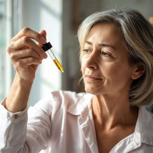 Middle-aged white woman taking a dropper of Full Spectrum CBD Oil.