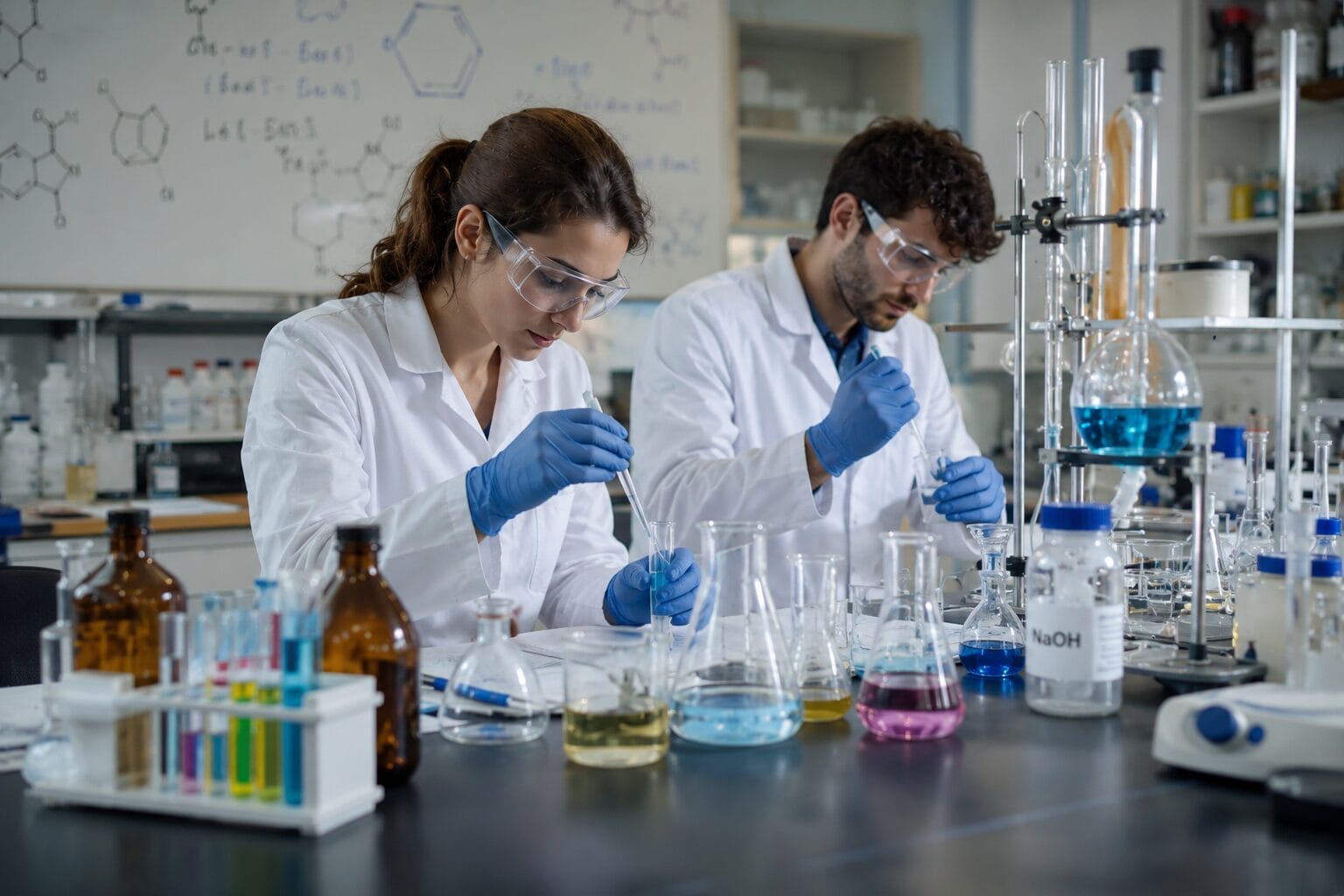 Lab technicians testing samples with glassware in a chemical laboratory