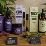 Collection of CBN and THCV hemp products including tinctures, gummies, balm, and vape cartridges