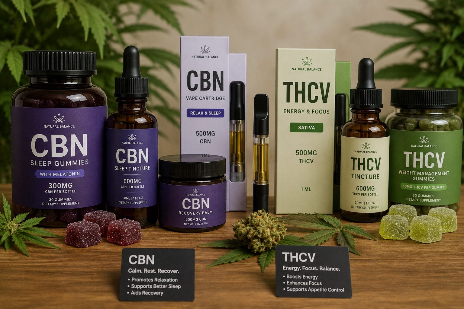 Collection of CBN and THCV hemp products including tinctures, gummies, balm, and vape cartridges