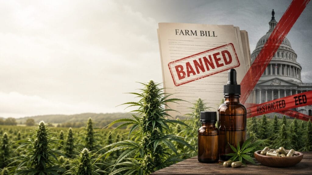 Farm Bill document stamped banned over a hemp field with CBD bottles and capsules