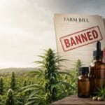 Farm Bill document stamped banned over a hemp field with CBD bottles and capsules