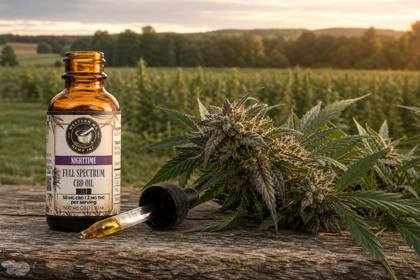 Western MA Hemp Full Spectrum Nighttime CBD Oil beside dense Bubba Kush hemp flower