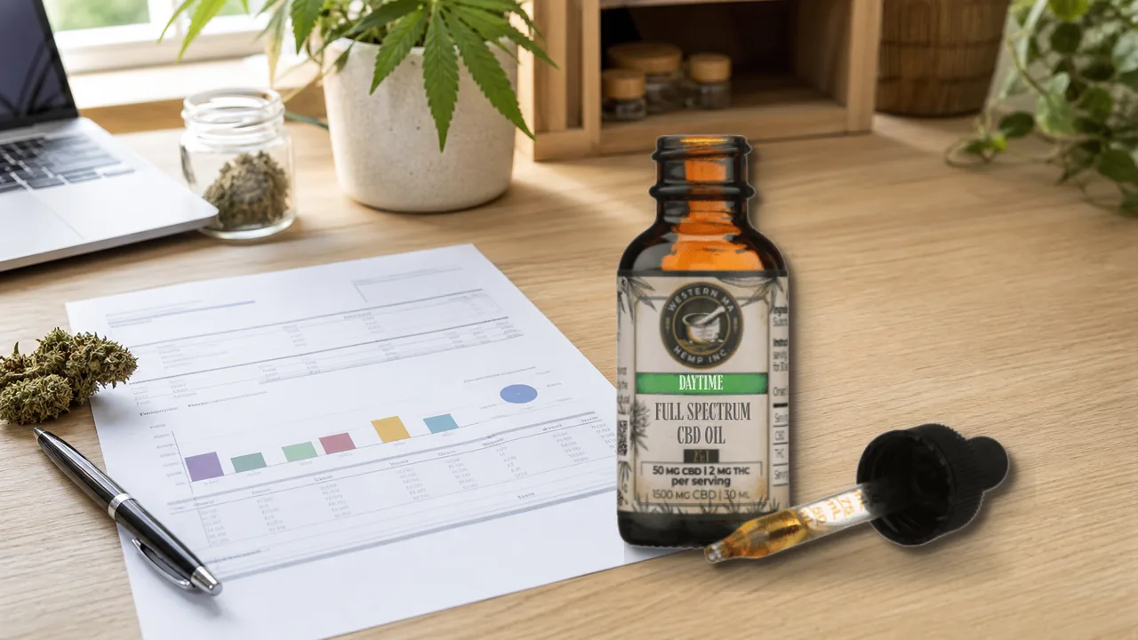 Western MA Hemp full-spectrum CBD tincture beside a certificate of analysis