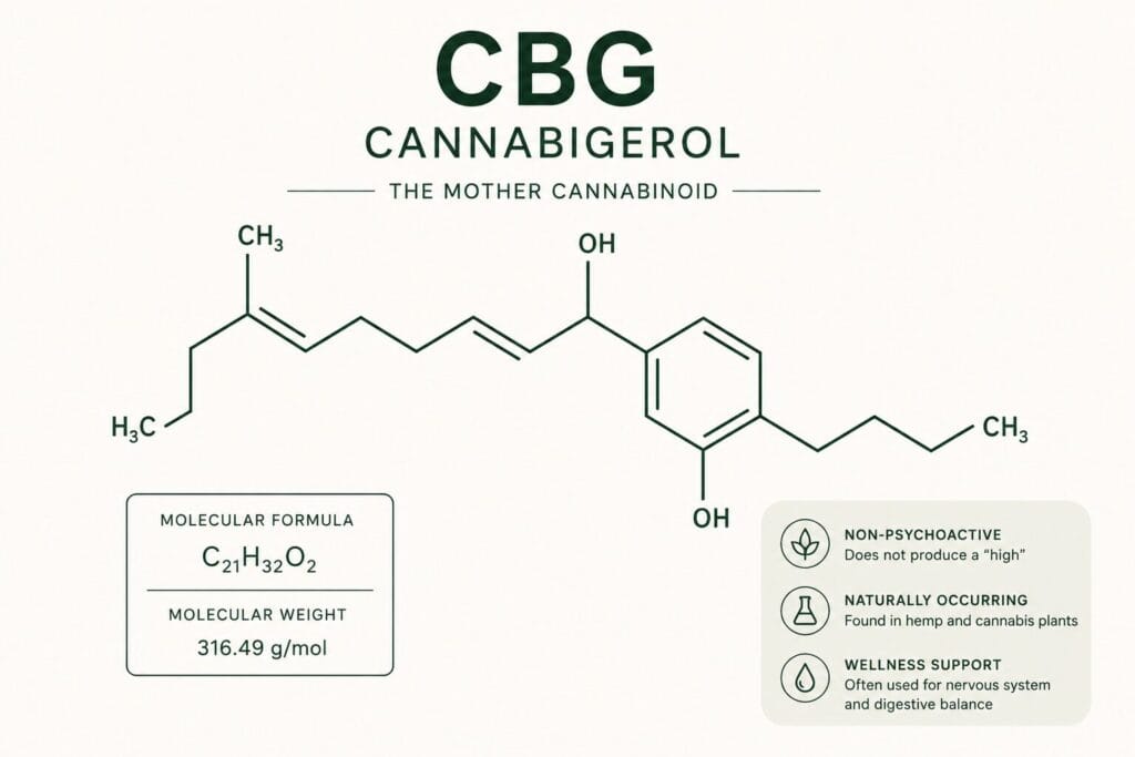 CBG cannabigerol molecule graphic explaining that CBG is a non-intoxicating cannabinoid found in hemp