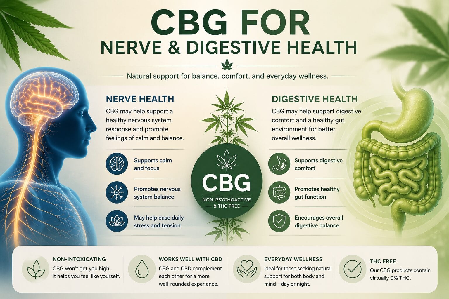 CBG for nerve and digestive health visual overview showing nervous system, digestive system, and non-intoxicating hemp wellness points