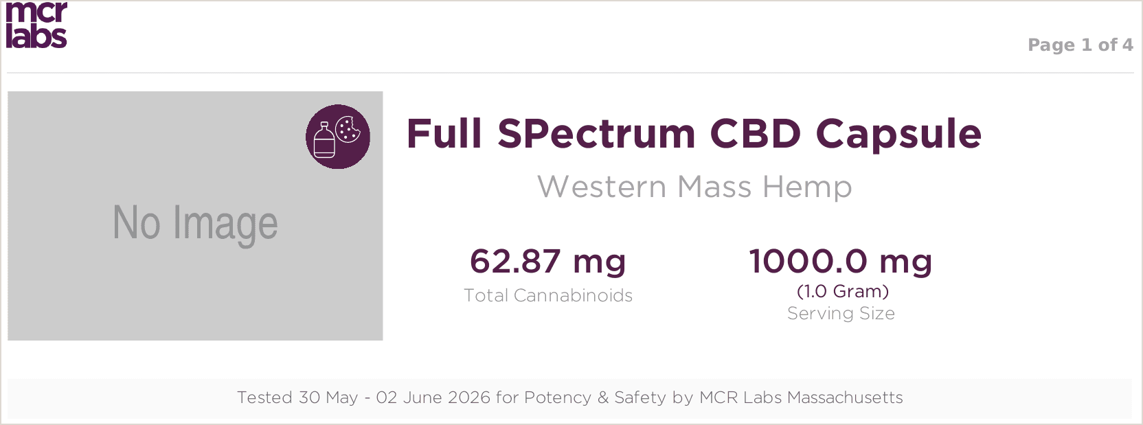 MCR Labs report header for Full SPectrum CBD Capsule by Western Mass Hemp