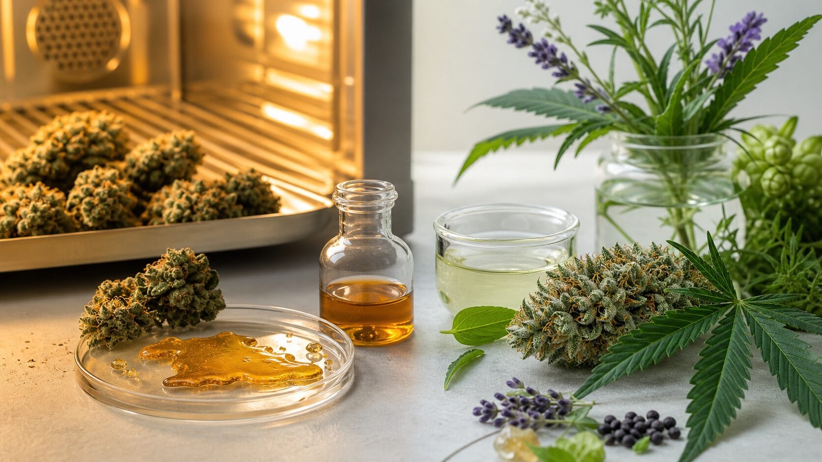 Hemp flower, extract, and botanical elements showing the balance between decarboxylation and preserving terpenes