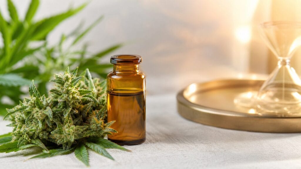 Hemp flower and amber hemp extract beside warm light, representing controlled decarboxylation