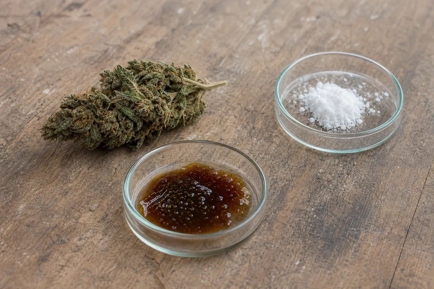 Whole hemp flower and dark amber full spectrum extract beside white CBD isolate