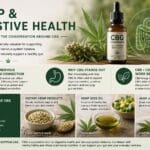 Hemp and digestive health infographic showing CBG oil, hemp flower, and digestive system support themes