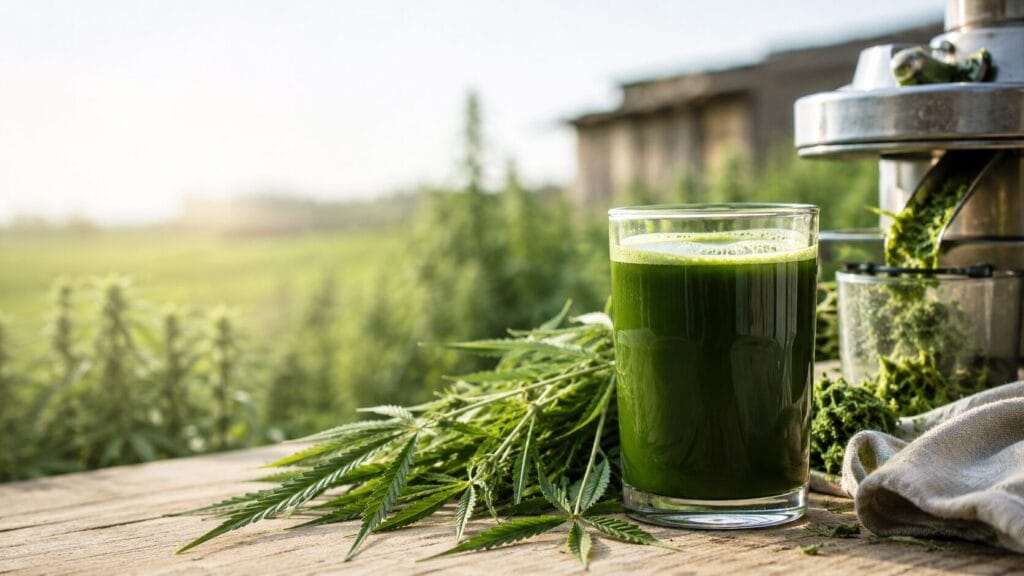 Fresh green hemp juice beside hemp leaves in a field, showing hemp juice as a farm-grown whole-plant drink