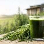 Fresh green hemp juice beside hemp leaves in a field, showing hemp juice as a farm-grown whole-plant drink