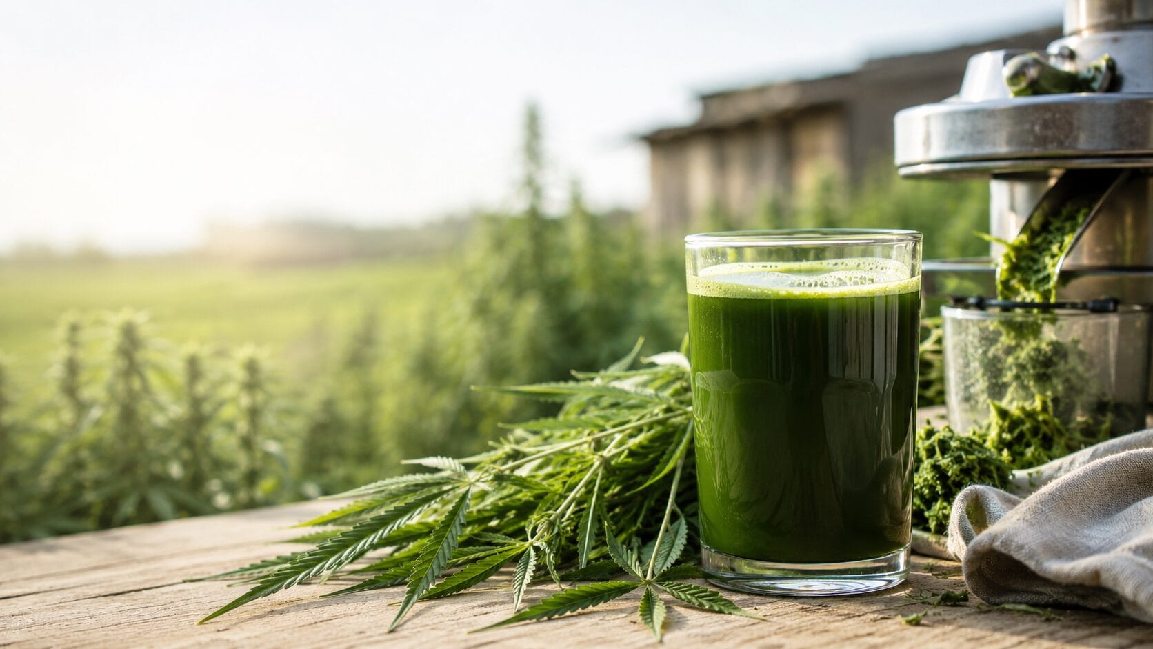 Fresh green hemp juice beside hemp leaves in a field, showing hemp juice as a farm-grown whole-plant drink