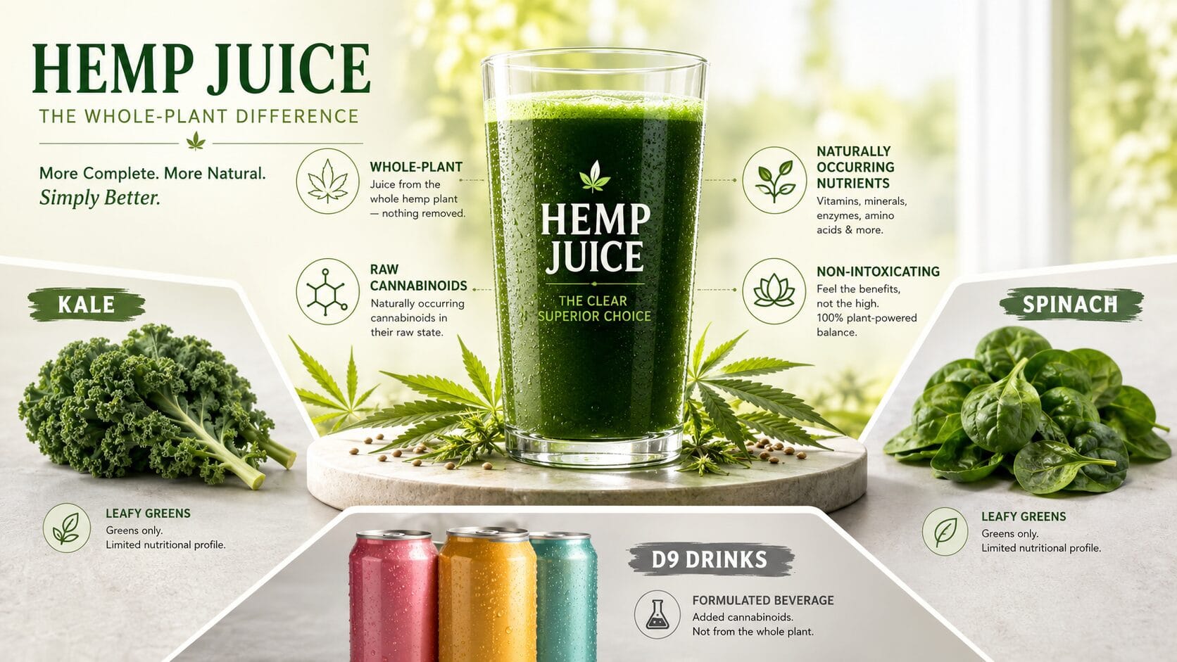 Whole-plant hemp juice comparison graphic contrasting fresh hemp juice with leafy greens and delta-9 drinks