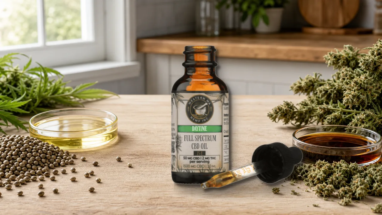 Western MA Hemp CBD tincture between pale hemp seed oil and darker cannabinoid-rich hemp extract