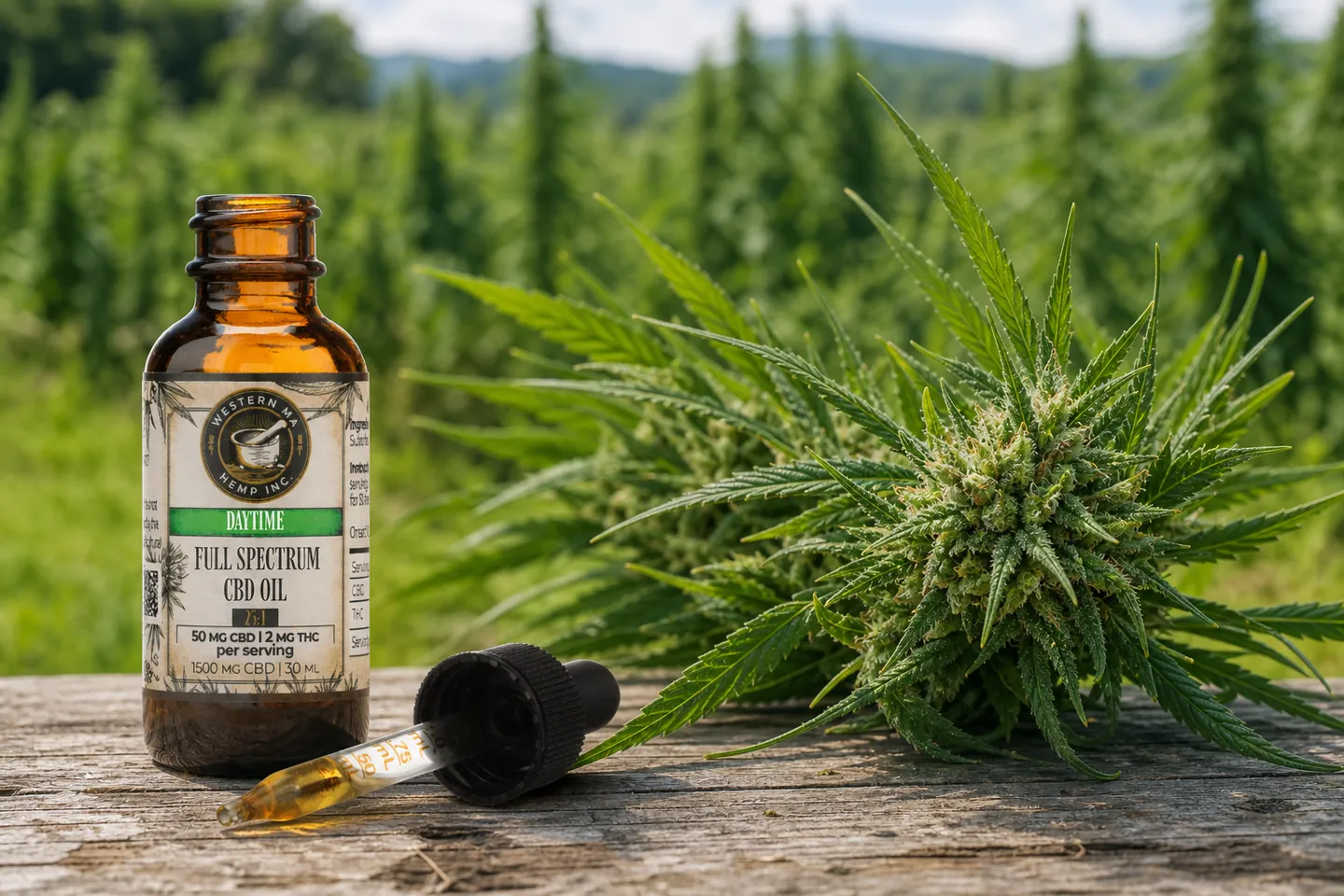 Western MA Hemp Full Spectrum Daytime CBD Oil beside resin-rich Lifter hemp flower