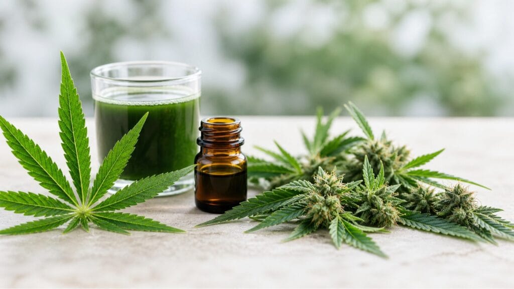 Fresh hemp leaves, hemp flower, green hemp juice, and amber raw hemp extract