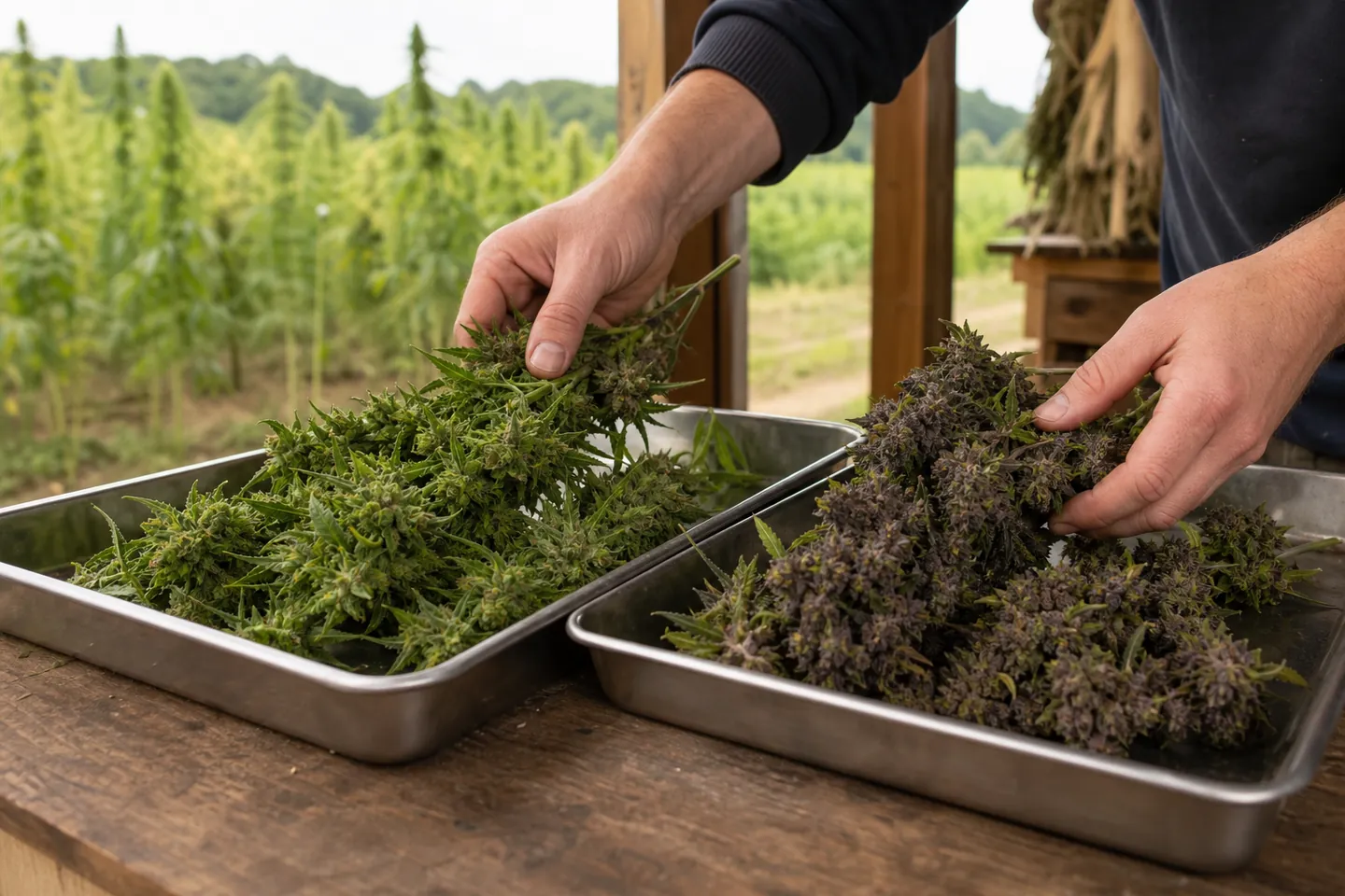 Two distinct hemp flower strains kept in separate small-batch harvest trays