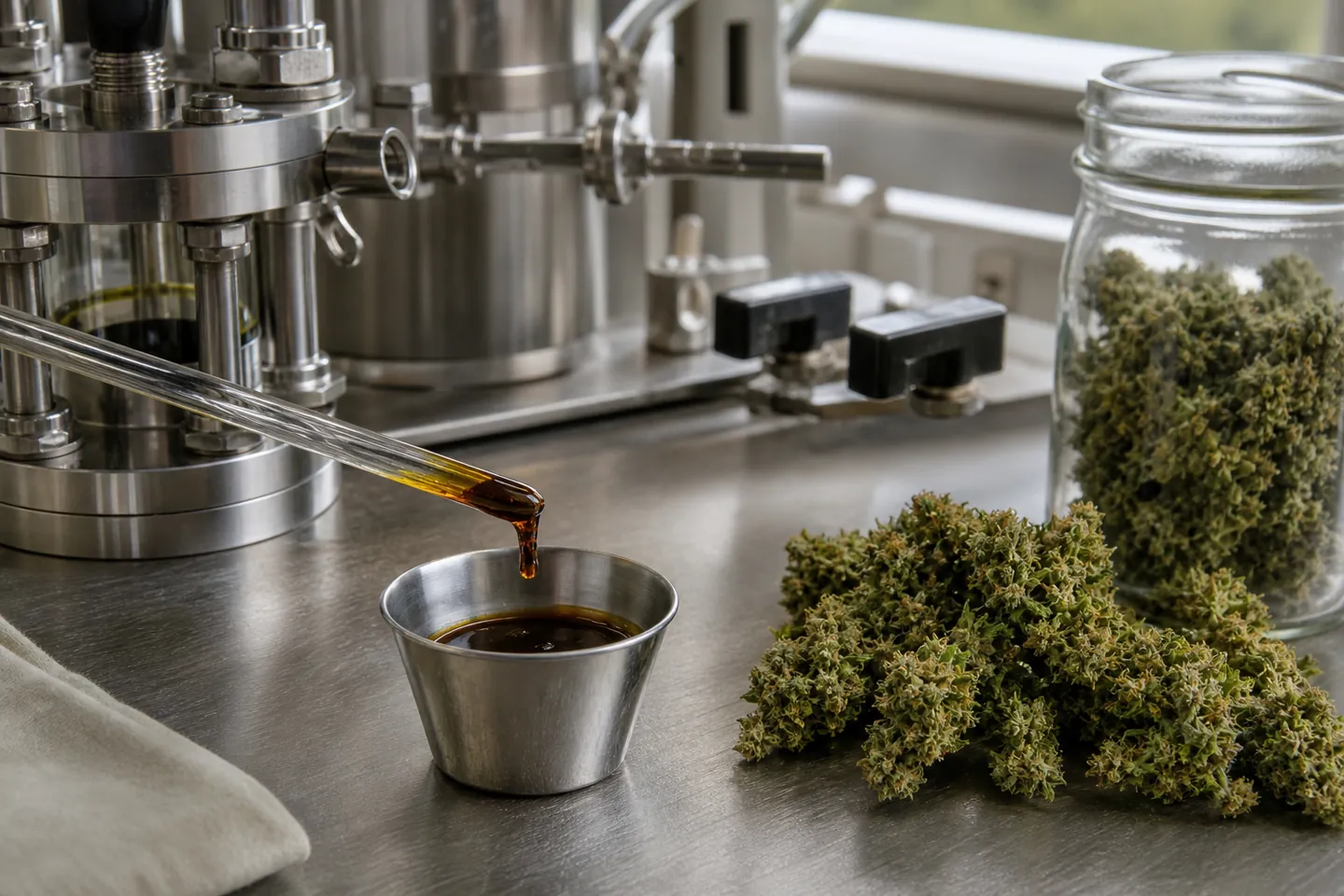 Hemp flower and amber full-spectrum extract produced with CO2 extraction