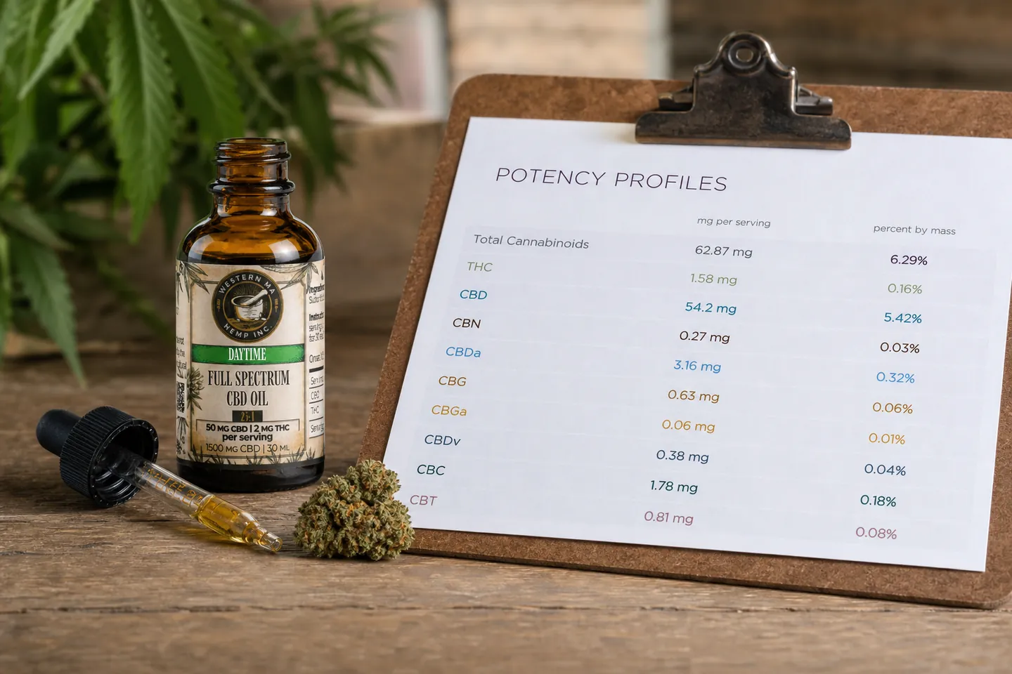 Western MA Hemp Full Spectrum CBD Oil beside a potency profile listing multiple minor cannabinoids