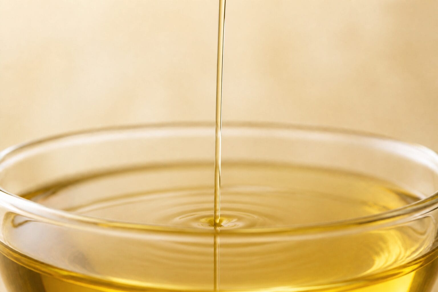 Thin stream of golden hemp heart oil flowing into a glass vessel