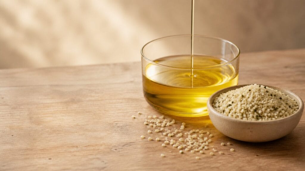 Golden hemp heart oil flowing beside a bowl of hulled hemp hearts