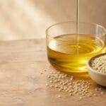 Golden hemp heart oil flowing beside a bowl of hulled hemp hearts