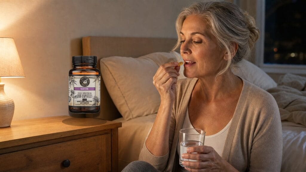 Older woman taking a Western MA Hemp Nighttime CBD capsule beside her bed