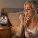 Older woman taking a Western MA Hemp Nighttime CBD capsule beside her bed