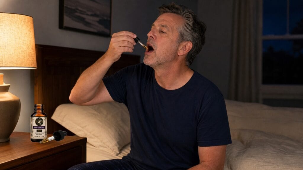 50-year-old man taking Western MA Hemp full-spectrum CBD oil before bed