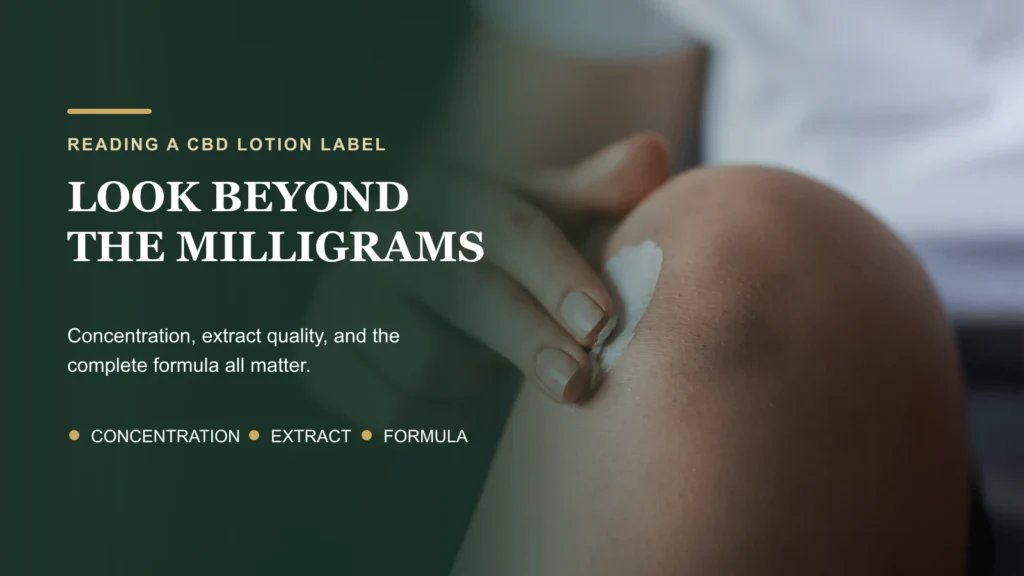 Woman applying lotion to her knee with a reminder to look beyond CBD milligrams