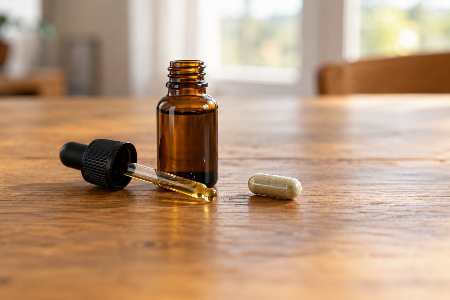 CBD oil dropper and capsule showing two internal ways to use hemp