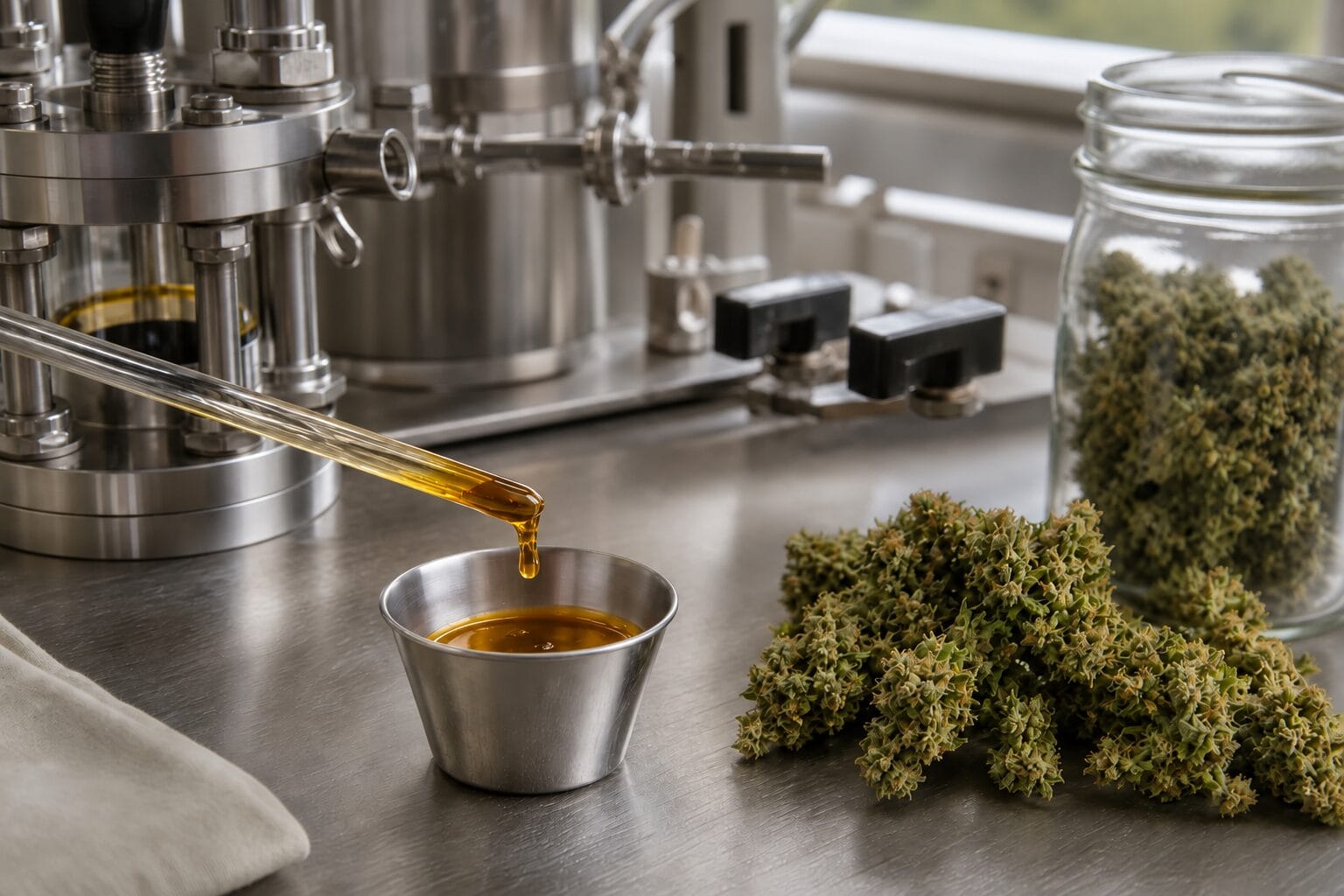 Hemp flower and amber full-spectrum extract produced with CO2 extraction