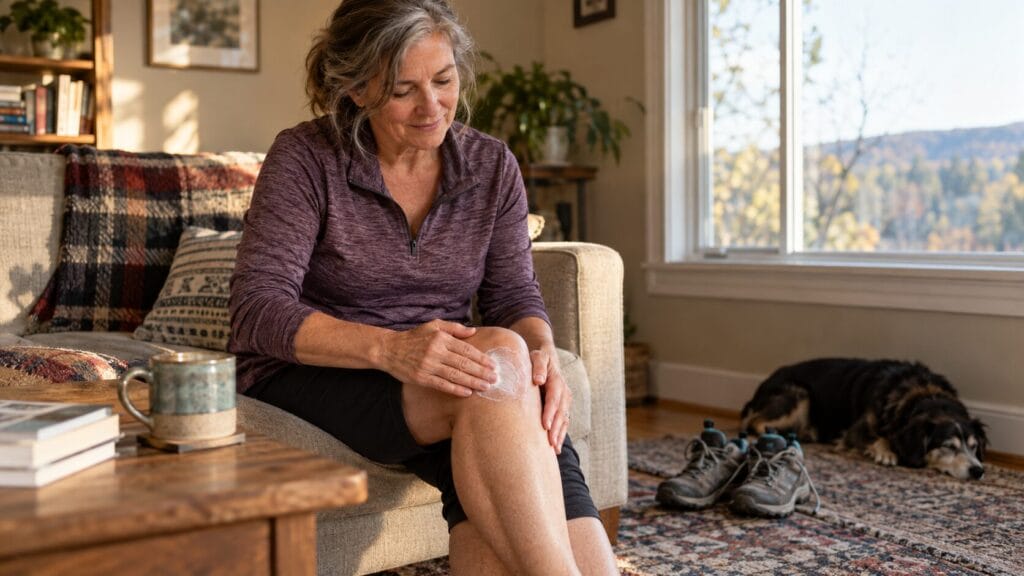 Woman applying CBD topical lotion to her knee at home