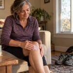 Woman applying CBD topical lotion to her knee at home
