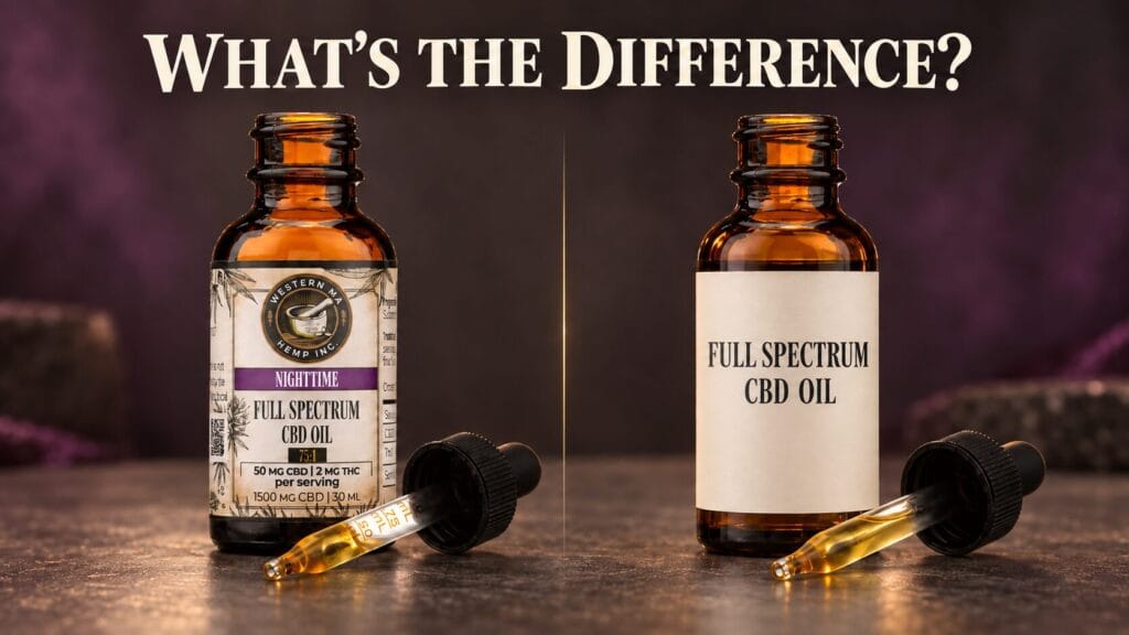 Western MA Hemp Nighttime CBD Oil beside a generic full spectrum CBD oil