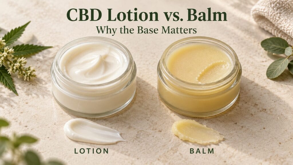CBD lotion and balm texture comparison: creamy ivory lotion beside firm golden balm