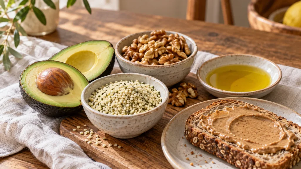 Avocado, walnuts, hemp hearts, olive oil, and nut-butter toast on a wooden table