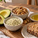 Avocado, walnuts, hemp hearts, olive oil, and nut-butter toast on a wooden table