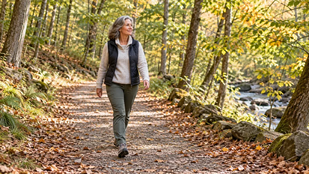 Woman enjoying a walk on a sunlit woodland path in early autumn