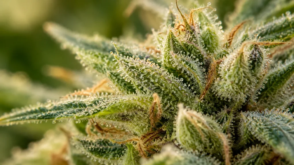 Illustrated macro view of rounded resin glands on a green hemp flower